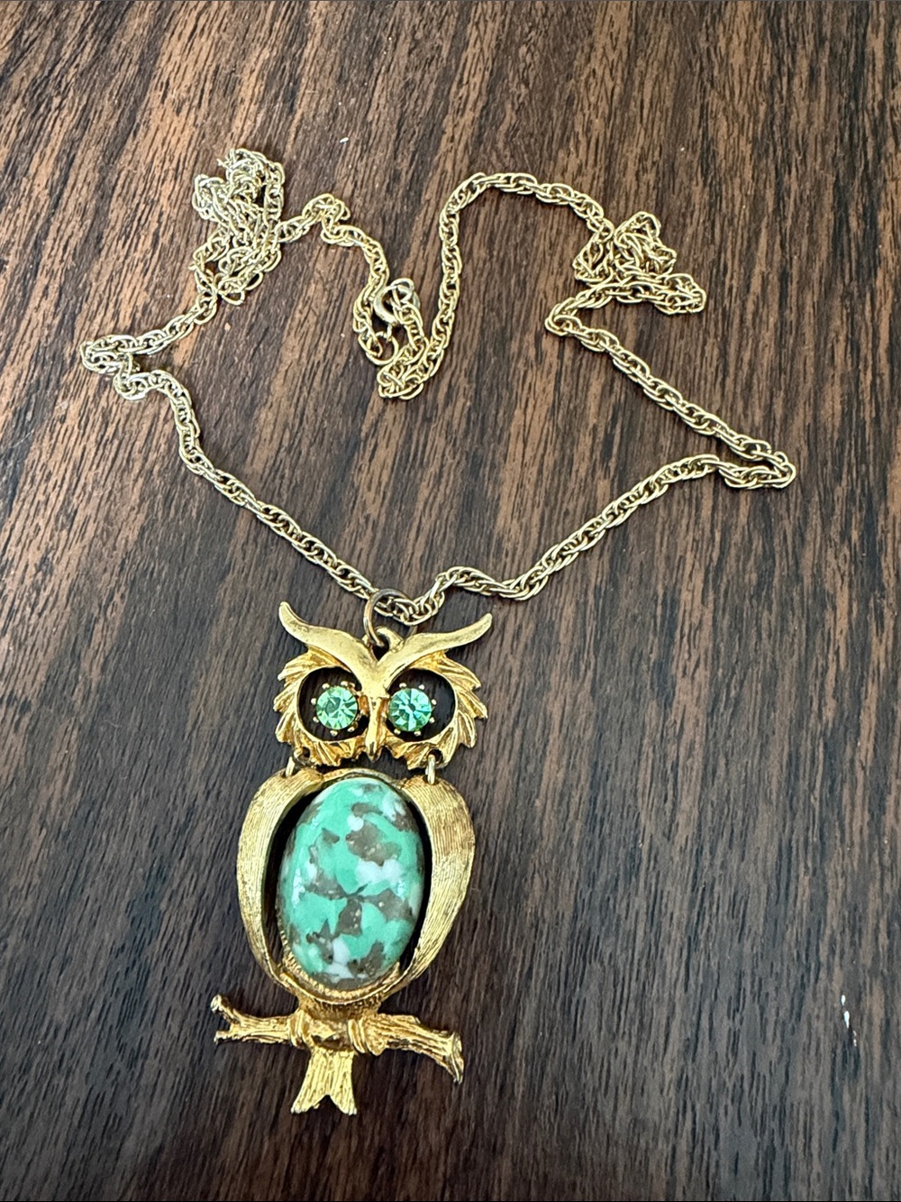 Gold-Tone Owl Pendant Necklace with Turquoise Stone